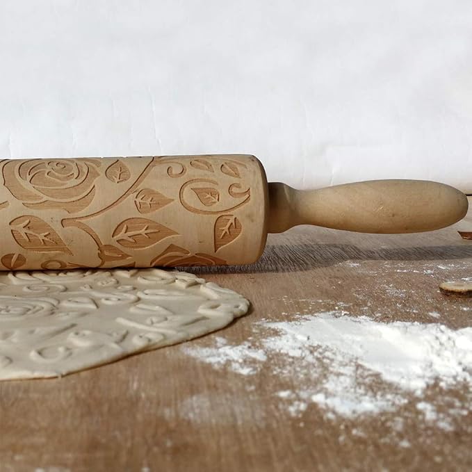 Wooden Rolling Pin, Rose Flower Embossed Engraved Carved Rolling Pin, - Image 5