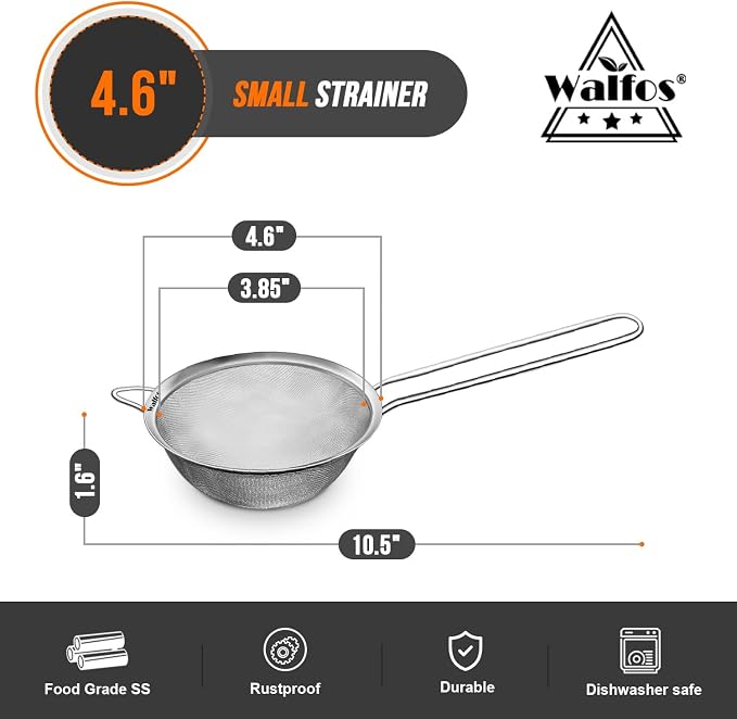 Walfos 4.6 Inch Fine Mesh Strainer, Premium Stainless Steel Colanders and - Image 2