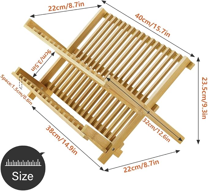 KKTONER Bamboo Dish Drying Rack 2 Tier Foldable Plate Organizer Collapsible - Image 3