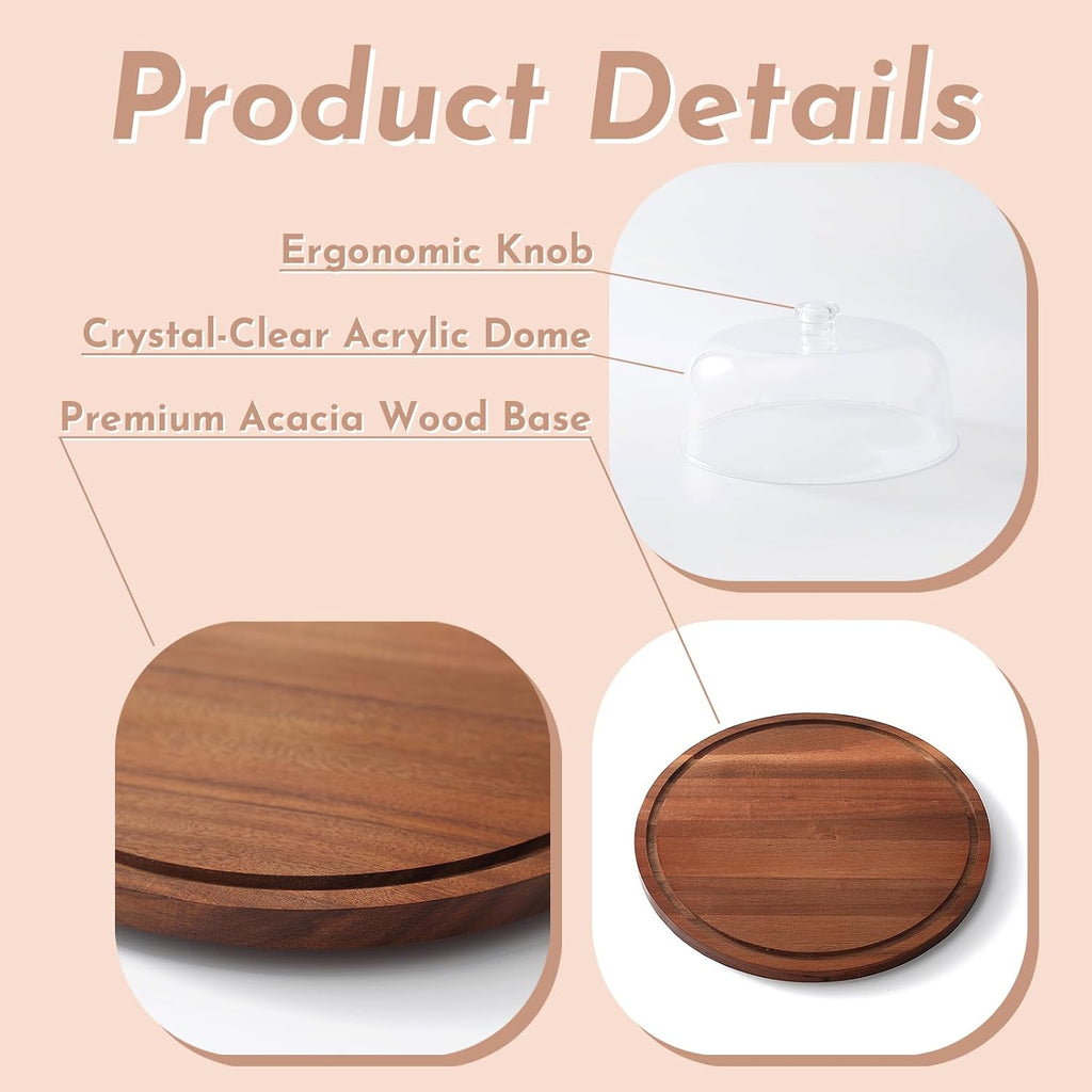 Acacia Wood Cake Stand with Acrylic Dome Lid, Cake Holder with Lid