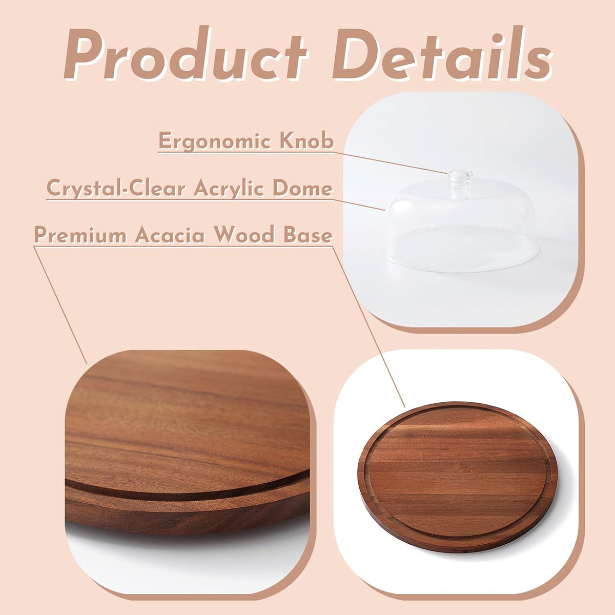 Acacia Wood Cake Stand with Acrylic Dome Lid, Cake Holder with Lid