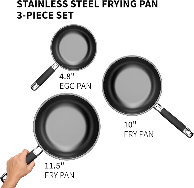 Non Stick Frying Pans Sets, 3-Piece Nonstick Pans, 10” 11.5” Skillet, 5” Egg Pan - Image 3