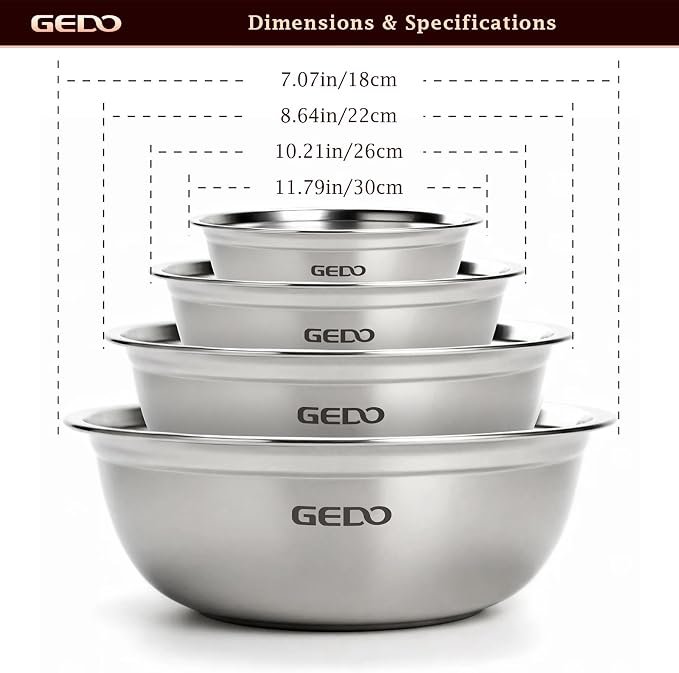 GEDO Stainless Steel 4 Piece Mixing Bowls Set, SUS316 Metal Nesting Bowls - Image 3
