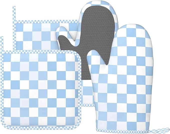Oven Mitts and Pot Holders Set, Checkerboard Pattern Pastel Blue Silicone by DADABULIU