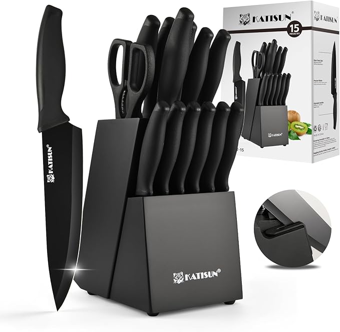 15-Piece Stainless Steel Kitchen Knife Set, Built-in Knife Sharpener, by KATISUN