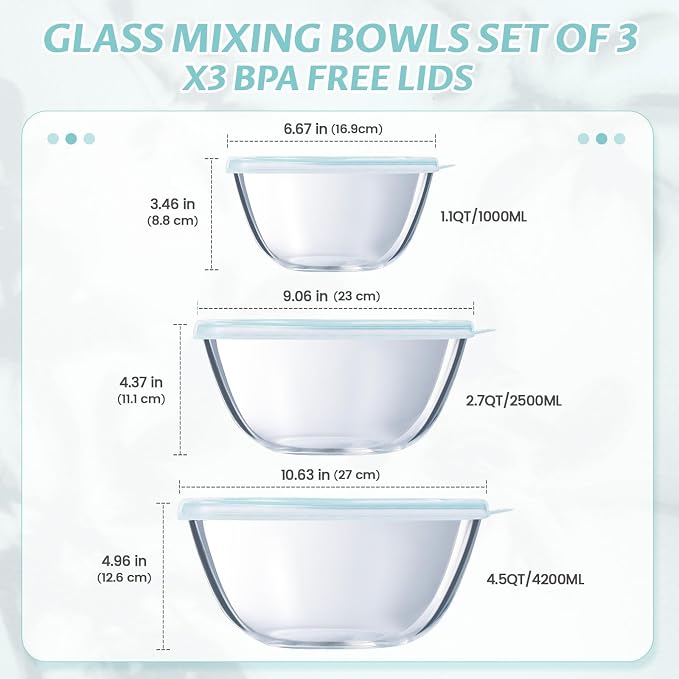 Luvan Glass Mixing Bowls with Lids Set-Large Glass Mixing Bowls, Food Prep - Image 3