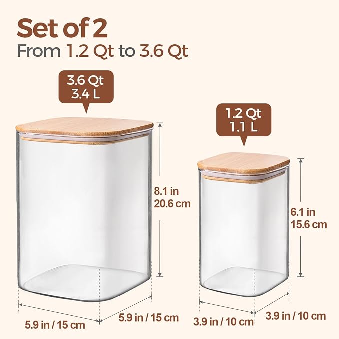 ComSaf Glass Food Storage Containers, 3.6Qt/1.2Qt Glass Flour and Sugar - Image 2