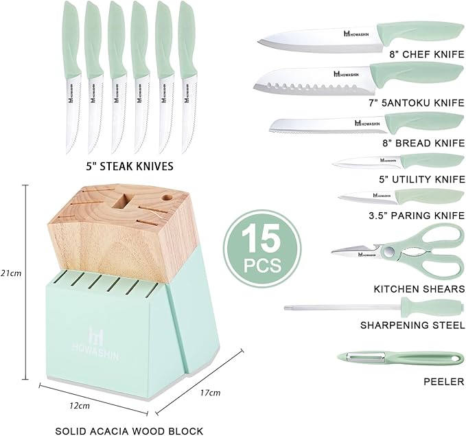 Green Knife Set, High Carbon German Stainless Steel Knife Block Set, Hand wash - Image 2