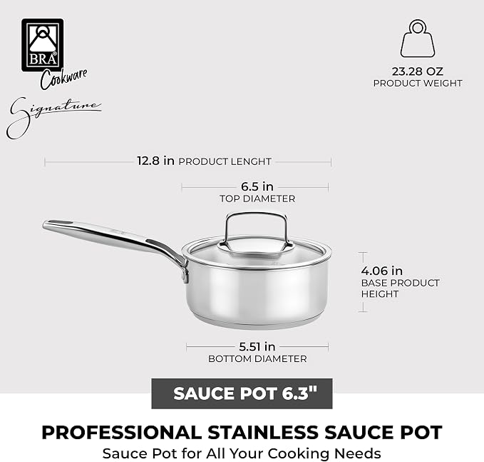 BRA COOKWARE Signature Stainless Steel Sauce Pot w/Glass Lid | 6.3 Inch 1.2 - Image 2