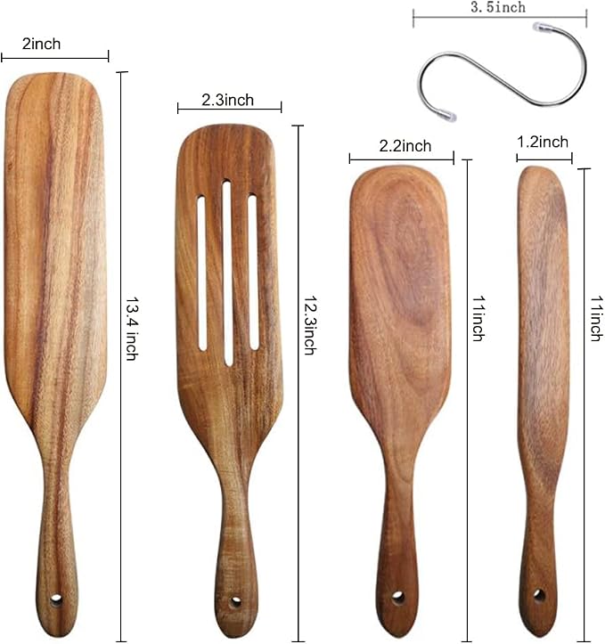 Spurtle Set, Natural Acacia Wooden Kitchen Utensils Set of 4, Wooden Spoons - Image 6