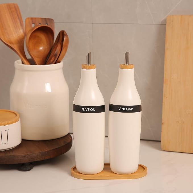 HOMCDALY Olive Oil and Vinegar Dispenser Set, Two 16oz Ceramic Oil Dispenser - Image 2