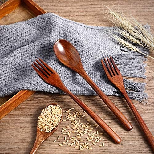 Patelai 10 Pieces Wooden Spoons Forks Set Wooden Utensils for Eating