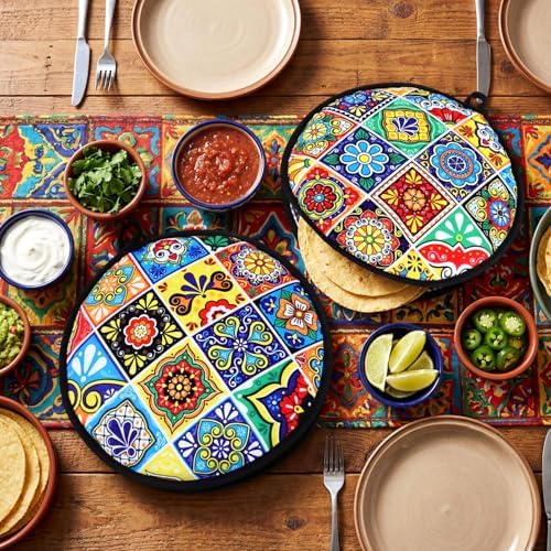 Honeydak 2 Pcs 12 Inch Tortilla Warmer Pouch,Mexican Tiles