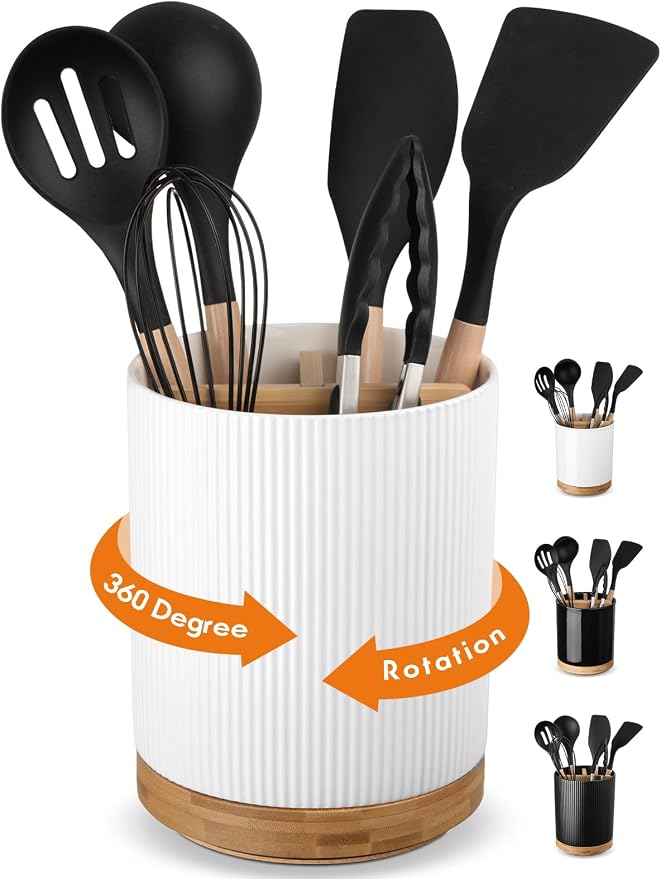 LoeJan 7.5" Utensil Holder, 3 Compartment Ceramic Kitchen Utensil Holder by LoeJan