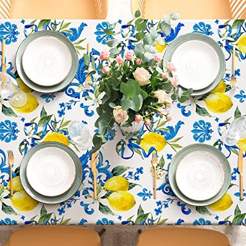 Whaline Capari Lemon Tablecloth Blue Tile Lemon Flower Fabric Table