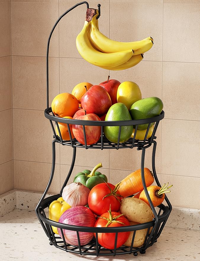 SAYZH 2-Tier Large Fruit Basket Bowl for Kitchen Counter with Banana Hanger