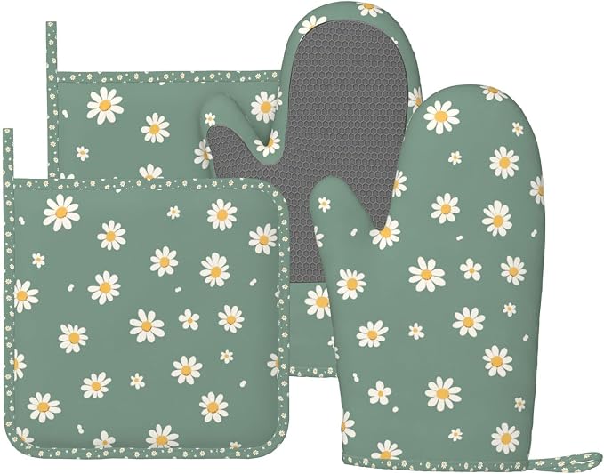 Oven Mitts and Pot Holders Daisy Flower Green Silicone Kitchen Accessories Set by DADABULIU