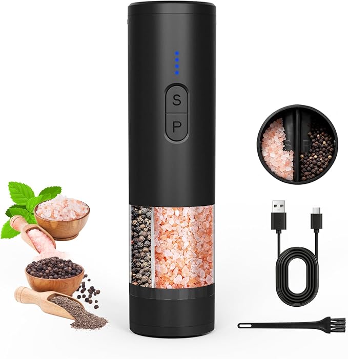 Electric Salt and Pepper Grinder Set, 2 in 1 Dual Bins USB Rechargeable by AMOSA