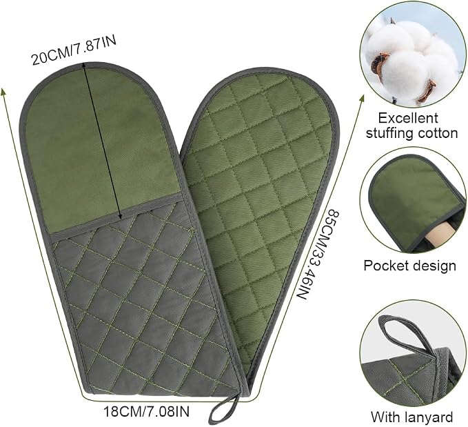 AUAUY Green Double Oven Mitts, 250°C/482°F Heat Resistant BBQ Mittens - Image 2