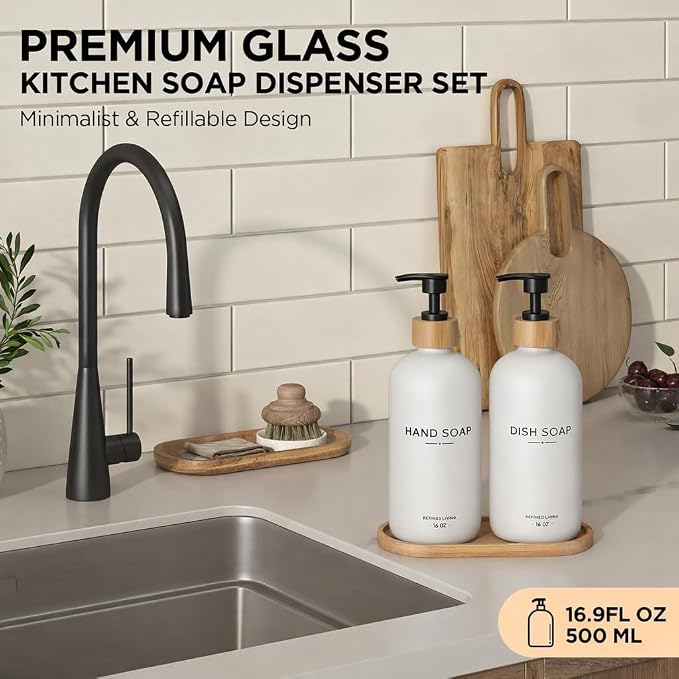 Hand and Dish Soap Dispenser Set, 16oz Glass Bottles - Image 2