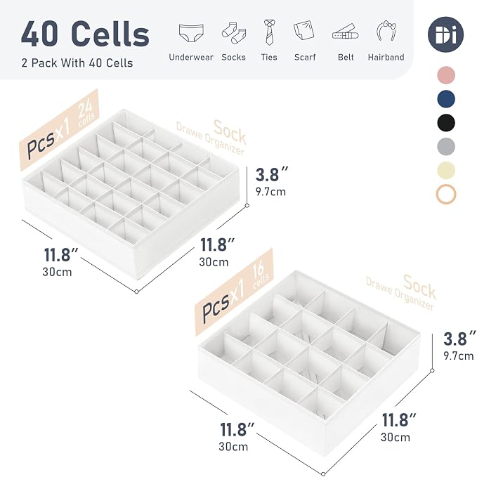Joyoldelf Sock Drawer Organizer Divider 2 Packs Underwear Organizer, 24 Cell + - Image 2