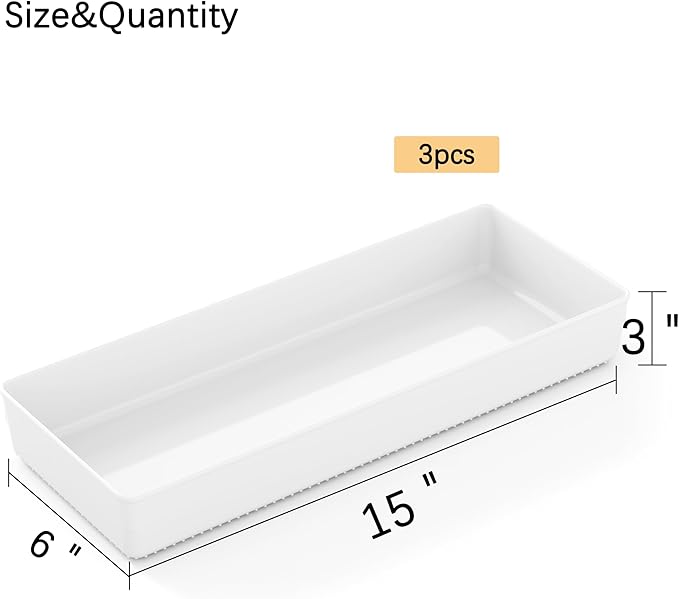 3 Pack White Large Size Plastic Drawer Organizer Tray Cutlery Utensil Makeups - Image 2