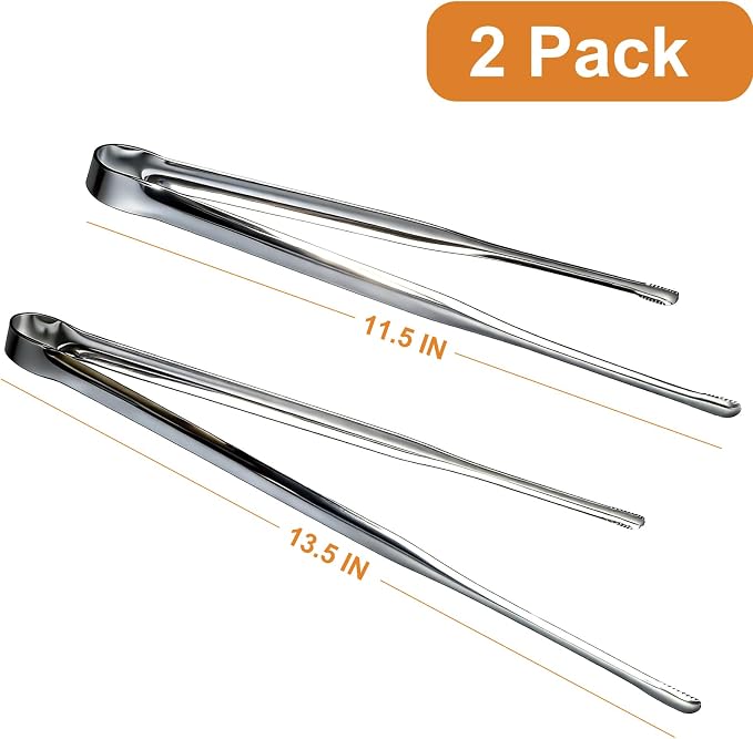 Stainless Steel Kitchen Tongs 2 Set, Non-Slip Serrated Tips, One-Piece Metal - Image 2