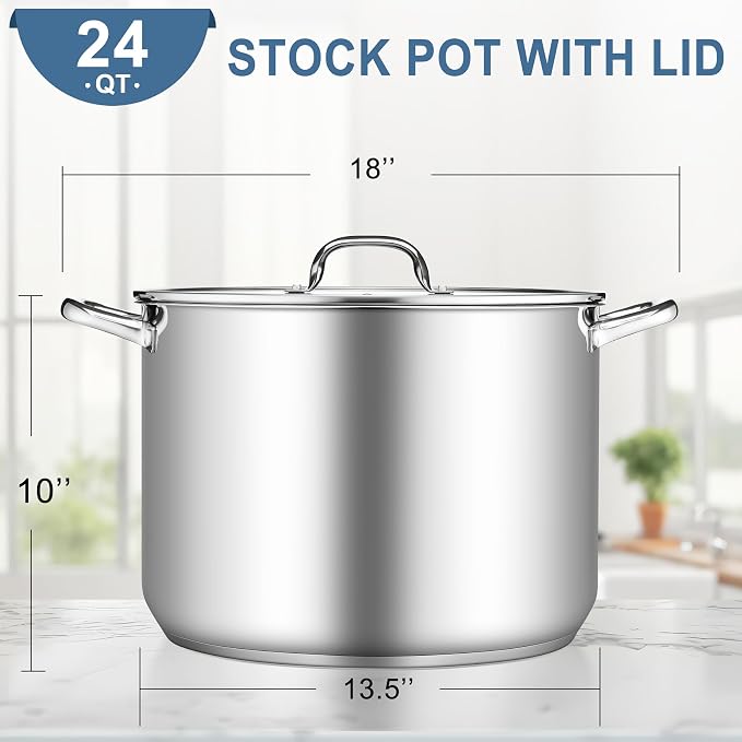 TeamFar Stainless Steel Stock Pot, 24QT Large Stockpot Tri-ply Bottom Cooking - Image 2