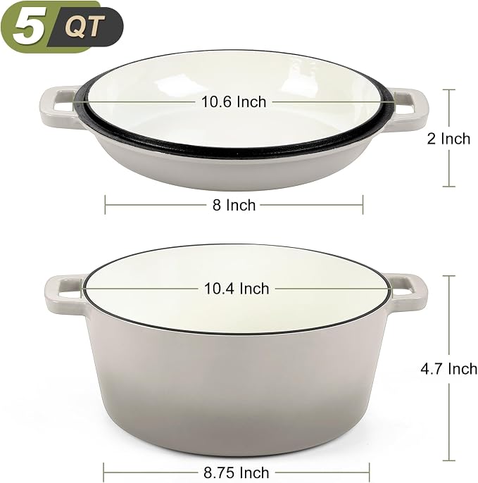 P&P CHEF 5Qt Dutch Oven Pot for Bread Baking, 2 In 1 Round Cast Iron Dutch Oven - Image 2