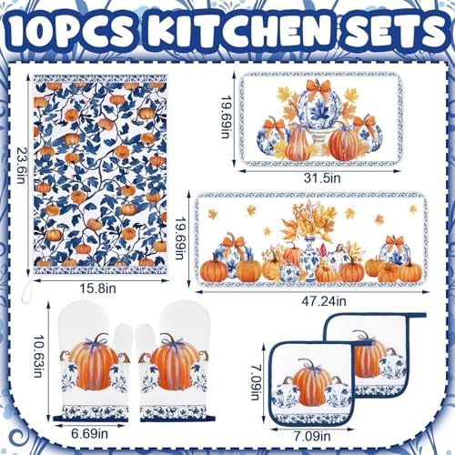 Fanfanwin 10 Pcs Fall Pumpkin Kitchen Decor Set Blue and White