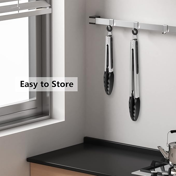 2 Pack Black Kitchen Tongs, Premium Silicone BPA Free Non-Stick Stainless Steel - Image 7