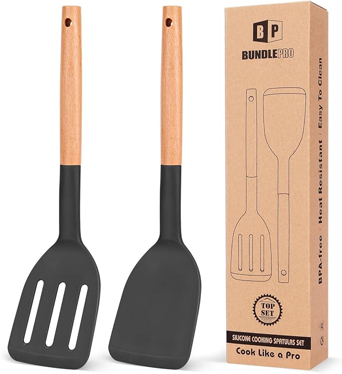 Pack of 2 Silicone Cooking Spatula, Heat Resistant Solid Turner, Non Stick by BUNDLEPRO