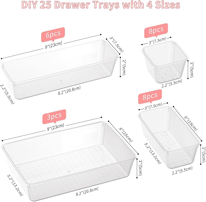 25 PCS Plastic Drawer Organizer Set, 4-size Clear Bathroom and Vanity Desk - Image 5