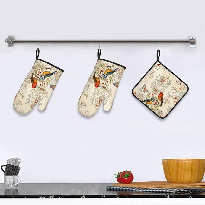 Vintage Bird Themed Hot Pads and Oven Mitts Set of 3, Heat Resistant Non Slip - Image 6
