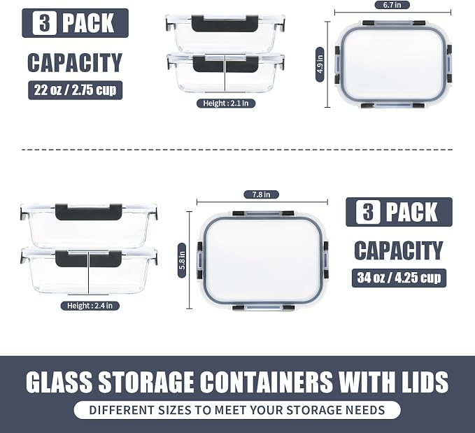 GULFLIN 6 Pack Glass Meal Prep Containers, Food Storage Containers, Airtight - Image 2