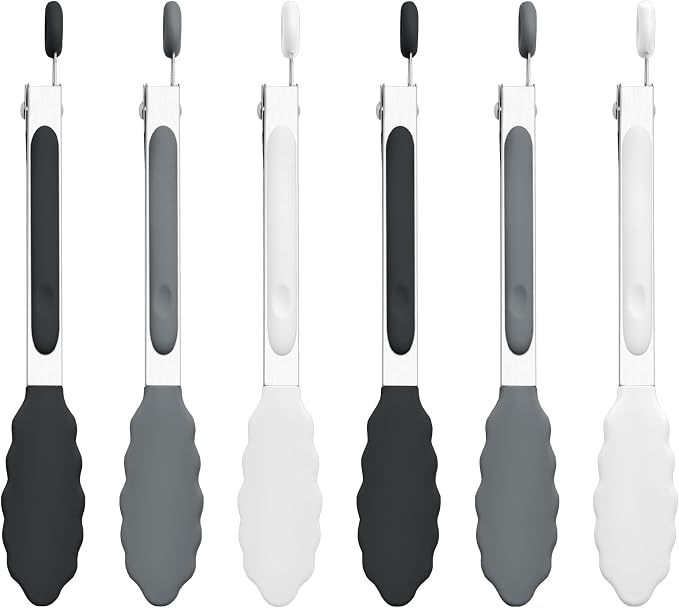 7-Inch Silicone Tongs Pack of 6, Small Stainless Steel Tongs by DAILYKISN