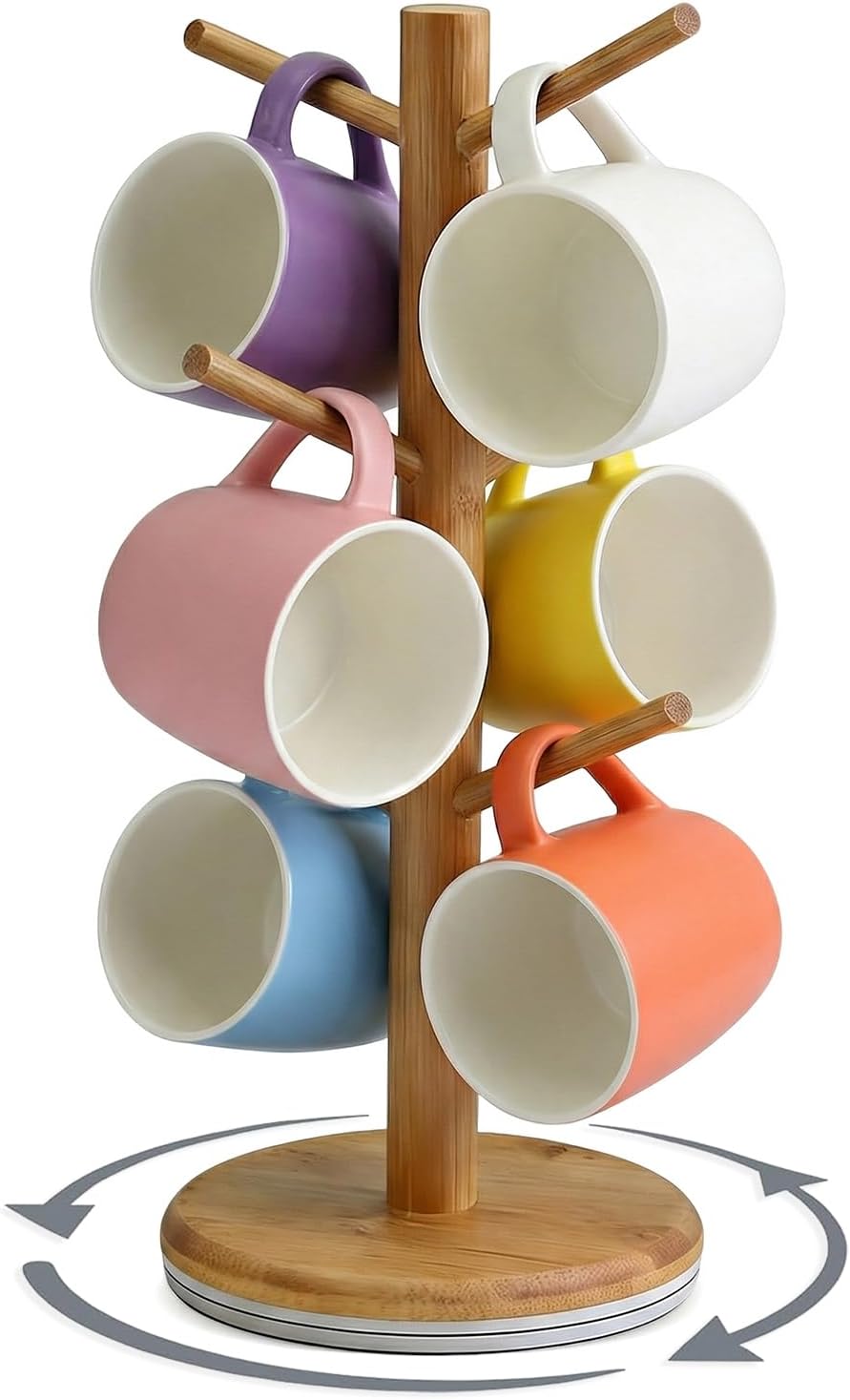 Coffee Mug Tree, 360° Rotated Mug Holder with 6 Hooks, Bamboo Latte