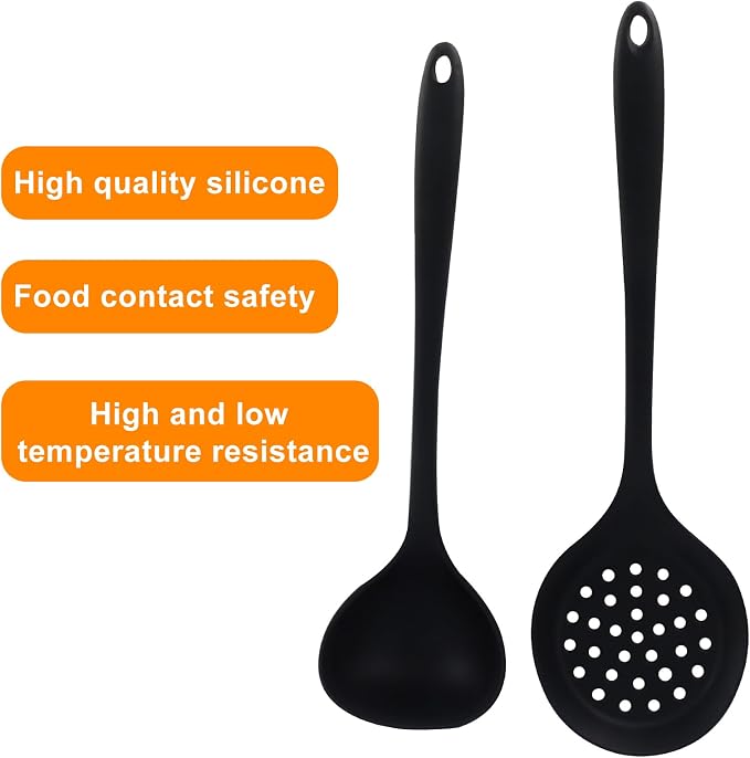 Jiozermi Silicone Soup Ladle and Slotted Spoon Set of 2, Heat Resistant Utensils - Image 3
