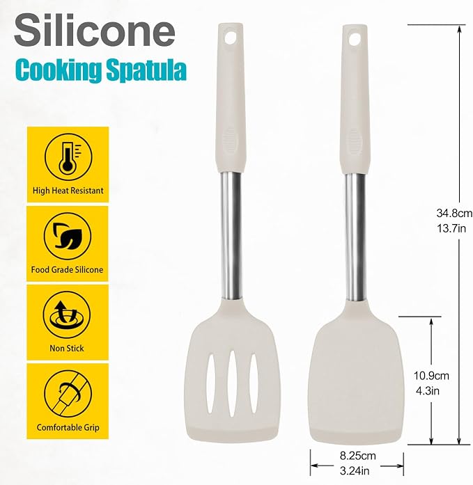 2 Pack Spatulas, Solid & Slotted Silicone Spatula Set, Stainless Steel Handle - Image 2