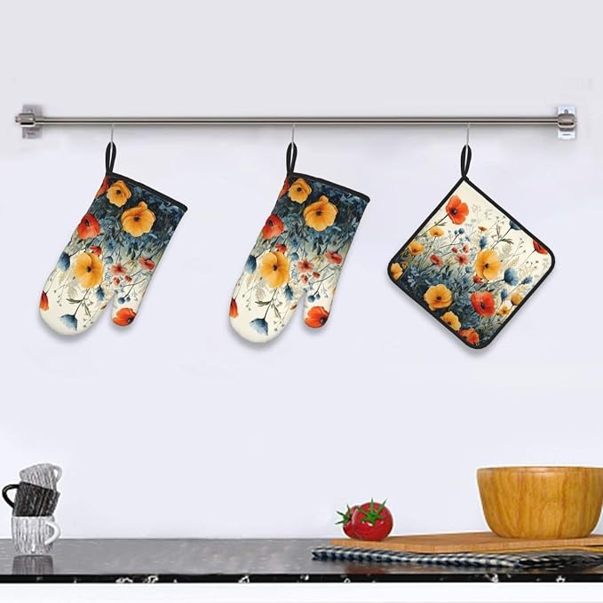 Colorful Wildflower Oven Mitts and Pot Holders Set of 3, Heat Resistant Non - Image 6