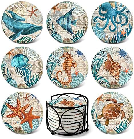 Teivio Absorbing Stone Sea Ocean Life Coasters for Drinks, Cork Base