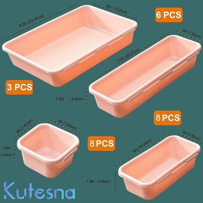 Kutesna 25 PCS Pink Drawer Organizer Set, 4 Size Interlocking Plastic Storage - Image 2