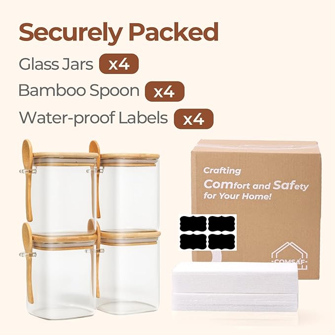 ComSaf 0.8 Qt Glass Jars with Bamboo Lids & Spoons Set of 4, Square Glass - Image 8