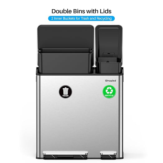 Dual Trash and Recycling Bins for Kitchen, 13.2 + 5.2 Gal Stainless Steel Trash - Image 7