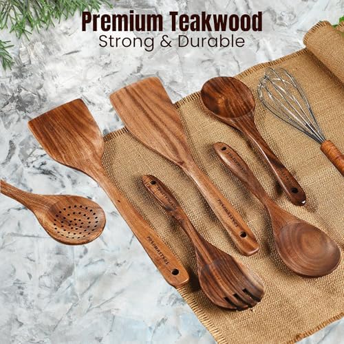 7 Pcs Natural Teak Wooden Spoons for Cooking, Kitchen Utensil Set