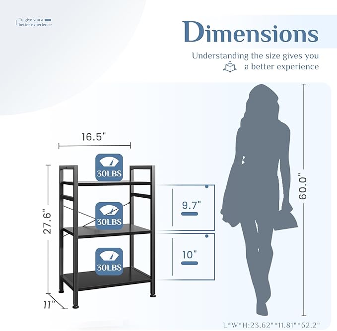 DUMOS 3 Tiers Bookshelf, Classical Book Shelf, Tall Display Shelves in Living - Image 3
