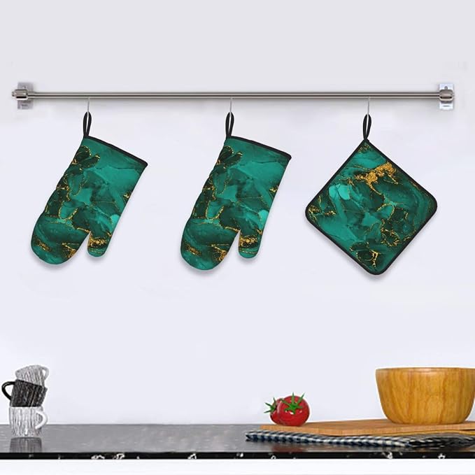 Turquoise Marble Oven Mitts and Pot Holders Sets of 3 Emerald Dark Green Hot - Image 6