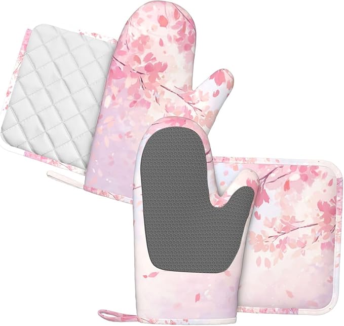 Oven Mitts and Pot Holders Cherry Blossom Flower Japanese Art Silicone Kitchen - Image 2