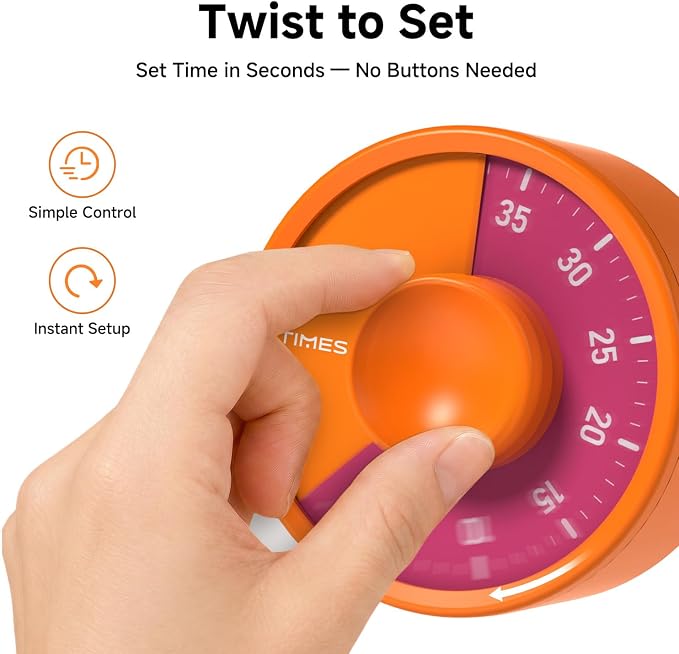 60-Minute Visual Timer, Twist to Set, Loud Battery-Powered Alarm, - Image 2