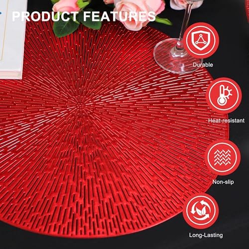 Snowkingdom Red Placemats Set of 6, Round Vinyl Metallic Hollow